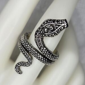 Intricate Silver Snake Ring with Textured Scales